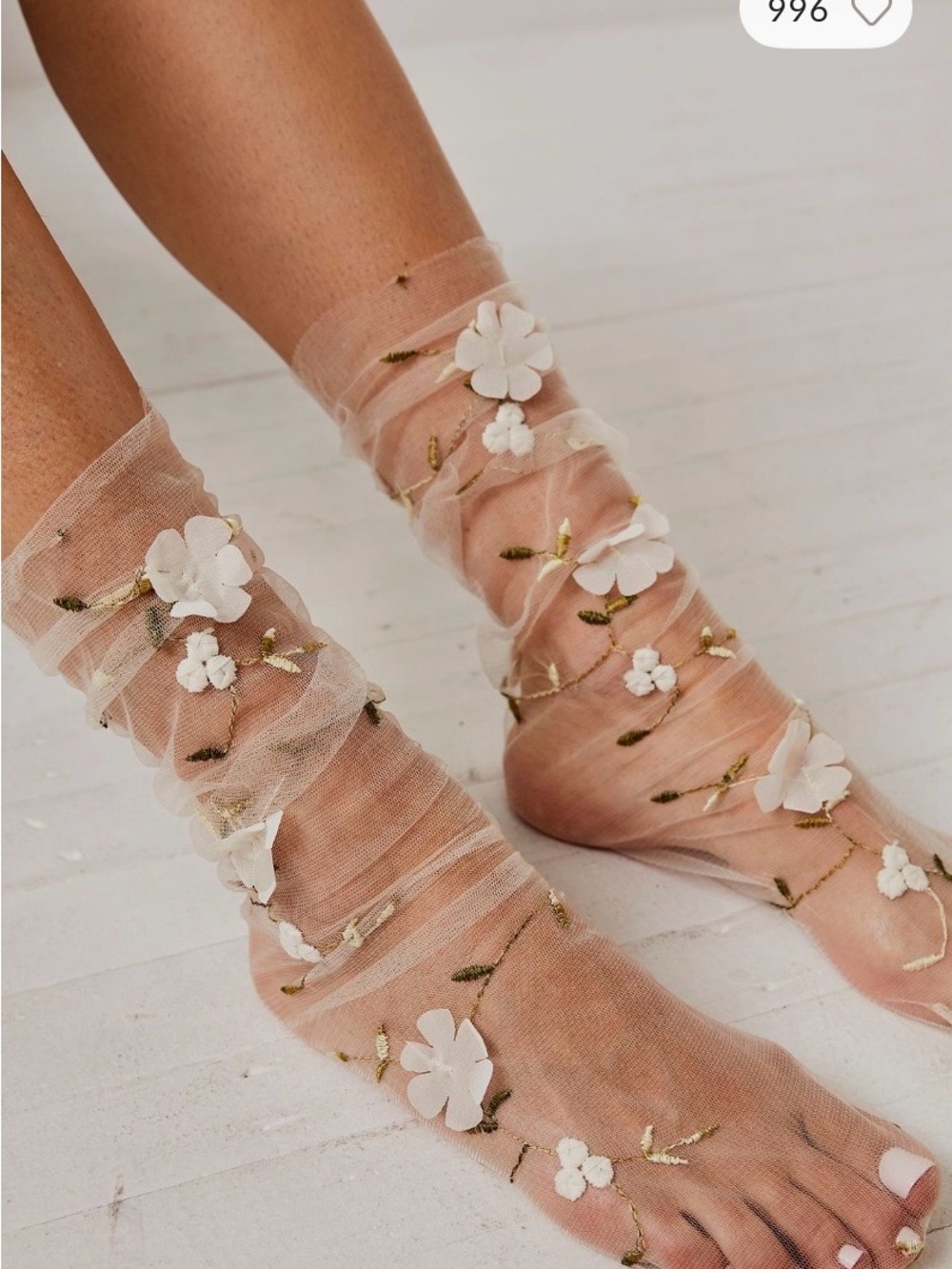Anthropologie Sheer Floral Embroidered Ankle Socks in Nude and White